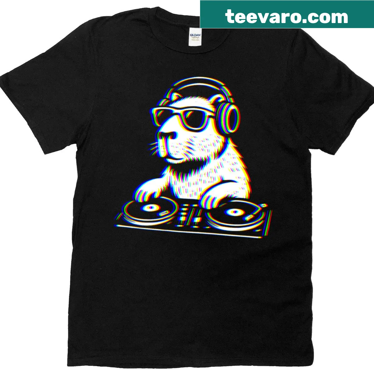 Cartoon DJ capybara graphic for music lovers — on a men's t-shirt