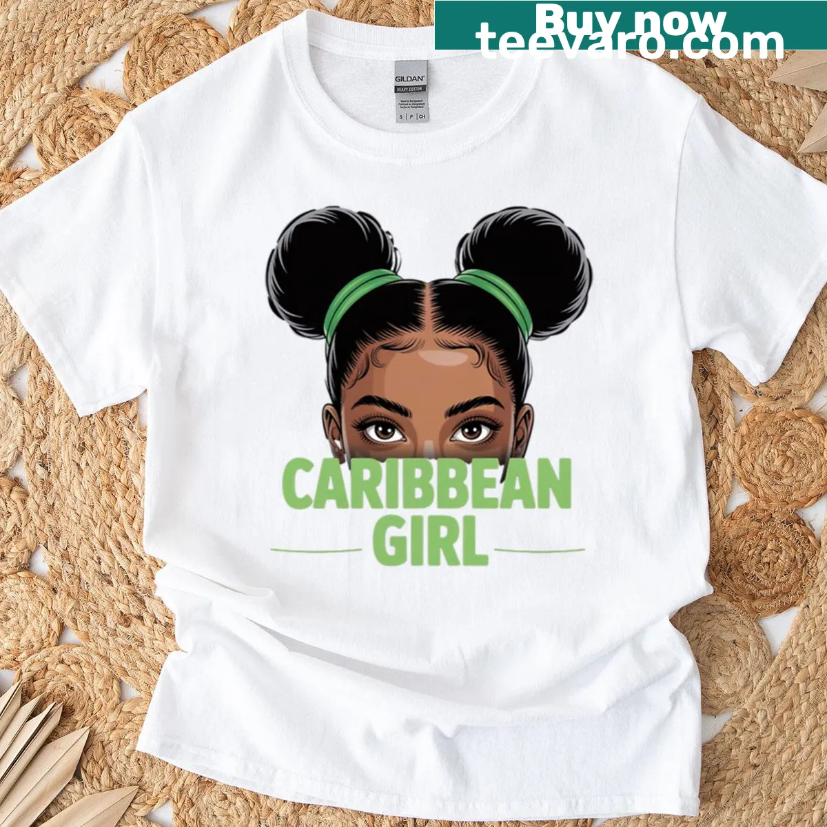 Tropical-themed t-shirt with illustration of a Caribbean girl — on a men's t-shirt