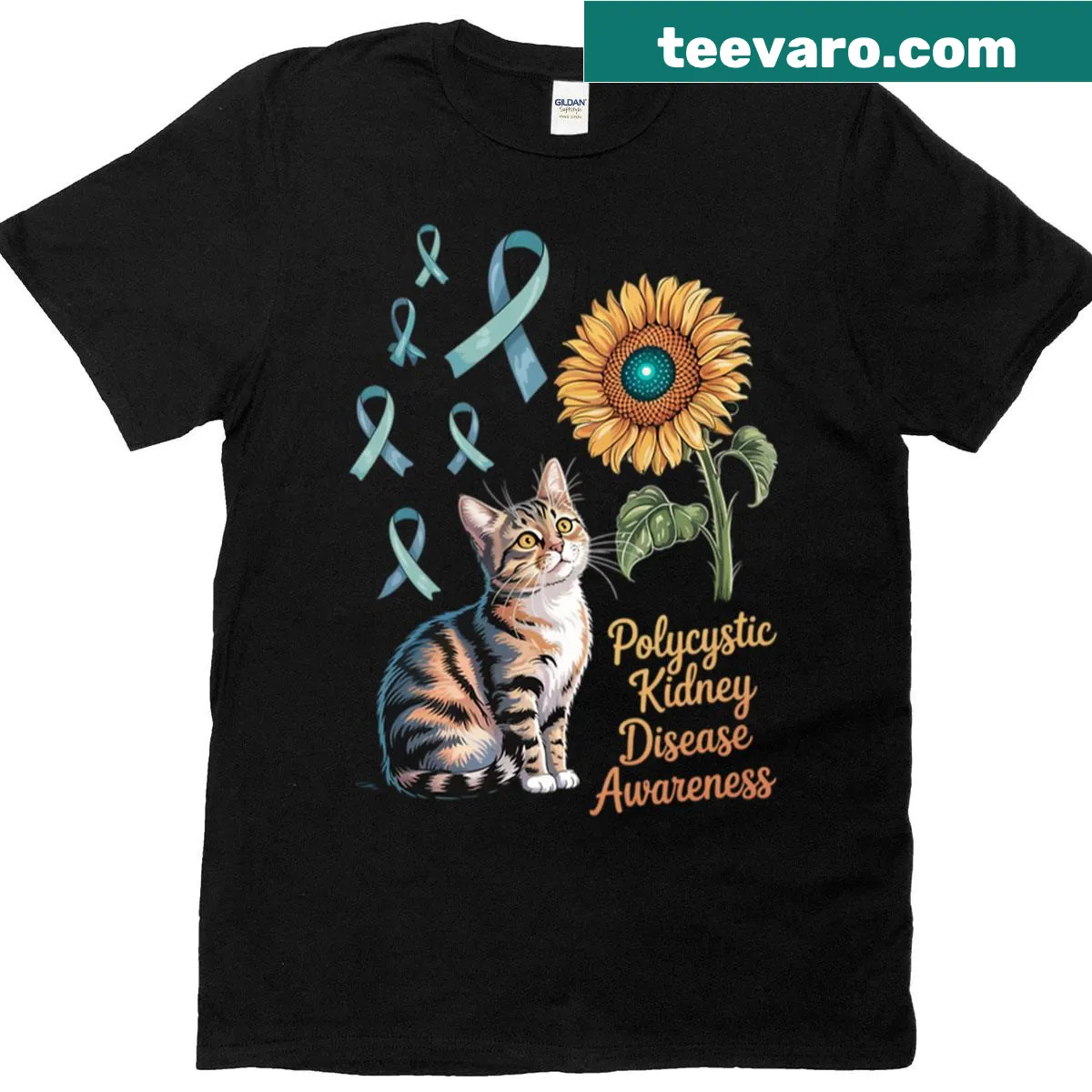 Illustration of a cat with sunflowers for kidney disease awareness — on a men's t-shirt