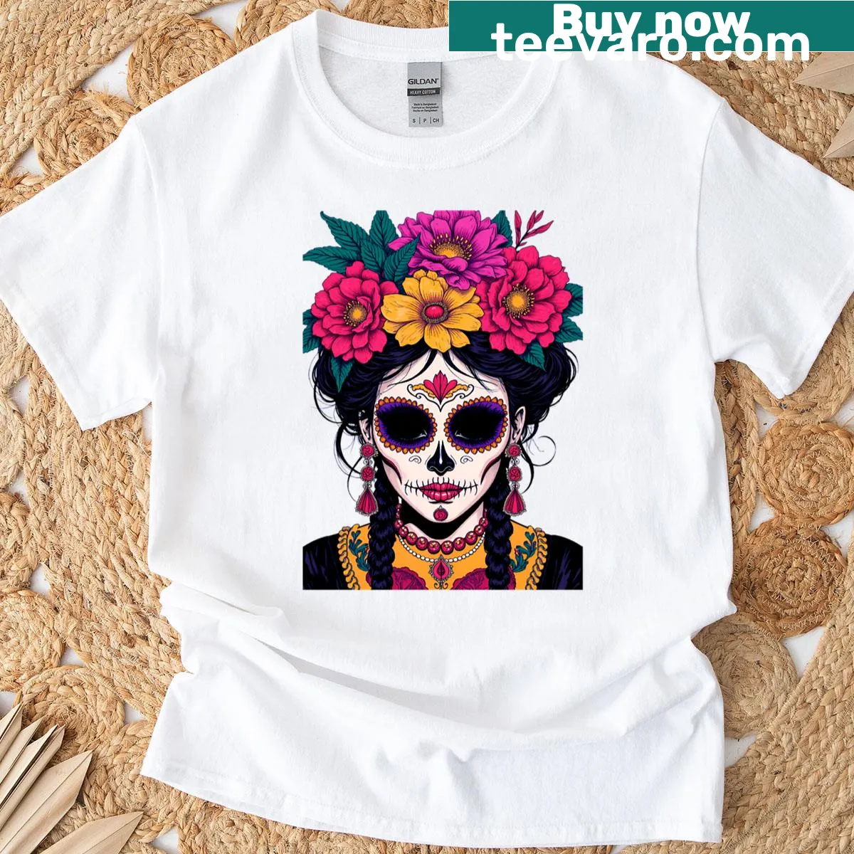 T-shirt featuring an illustrated Catrina for Day of the Dead — on a men's t-shirt