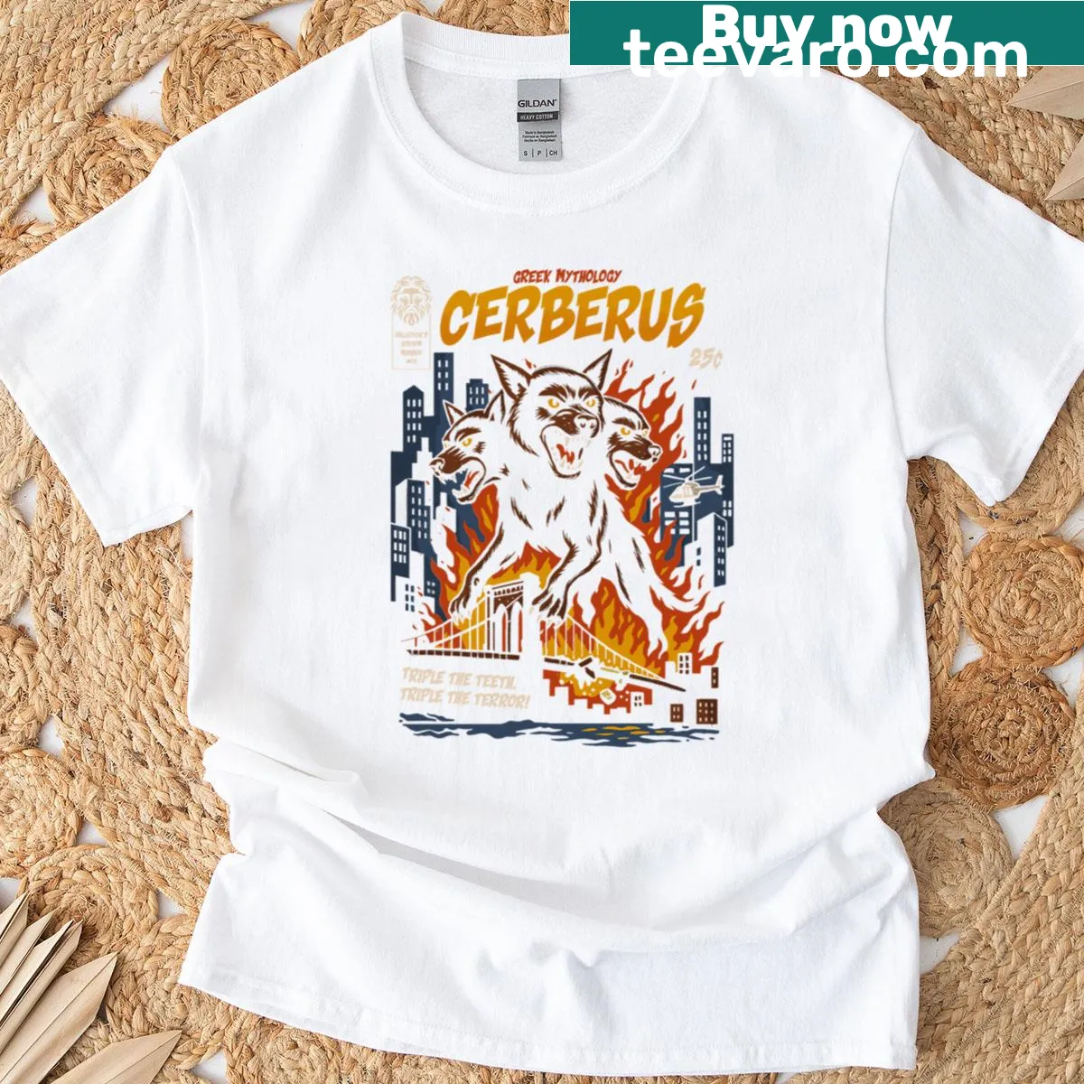 Mythological Cerberus graphic on themed T-shirt — on a men's t-shirt