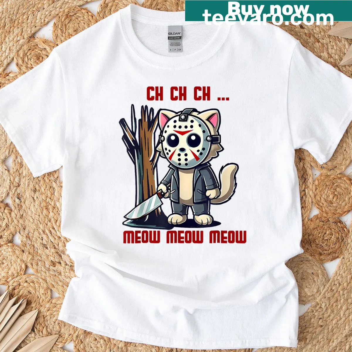 Funny Halloween T-shirt with cats and spooky text — on a men's t-shirt