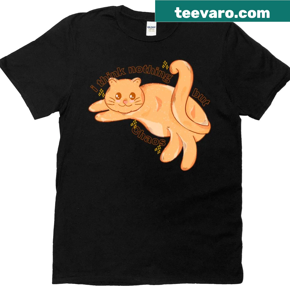 T-shirt featuring a playful illustration of a chaotic cat — on a men's t-shirt