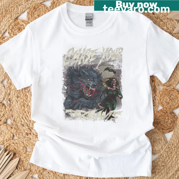 Retro werewolf graphic T-shirt with humorous design.