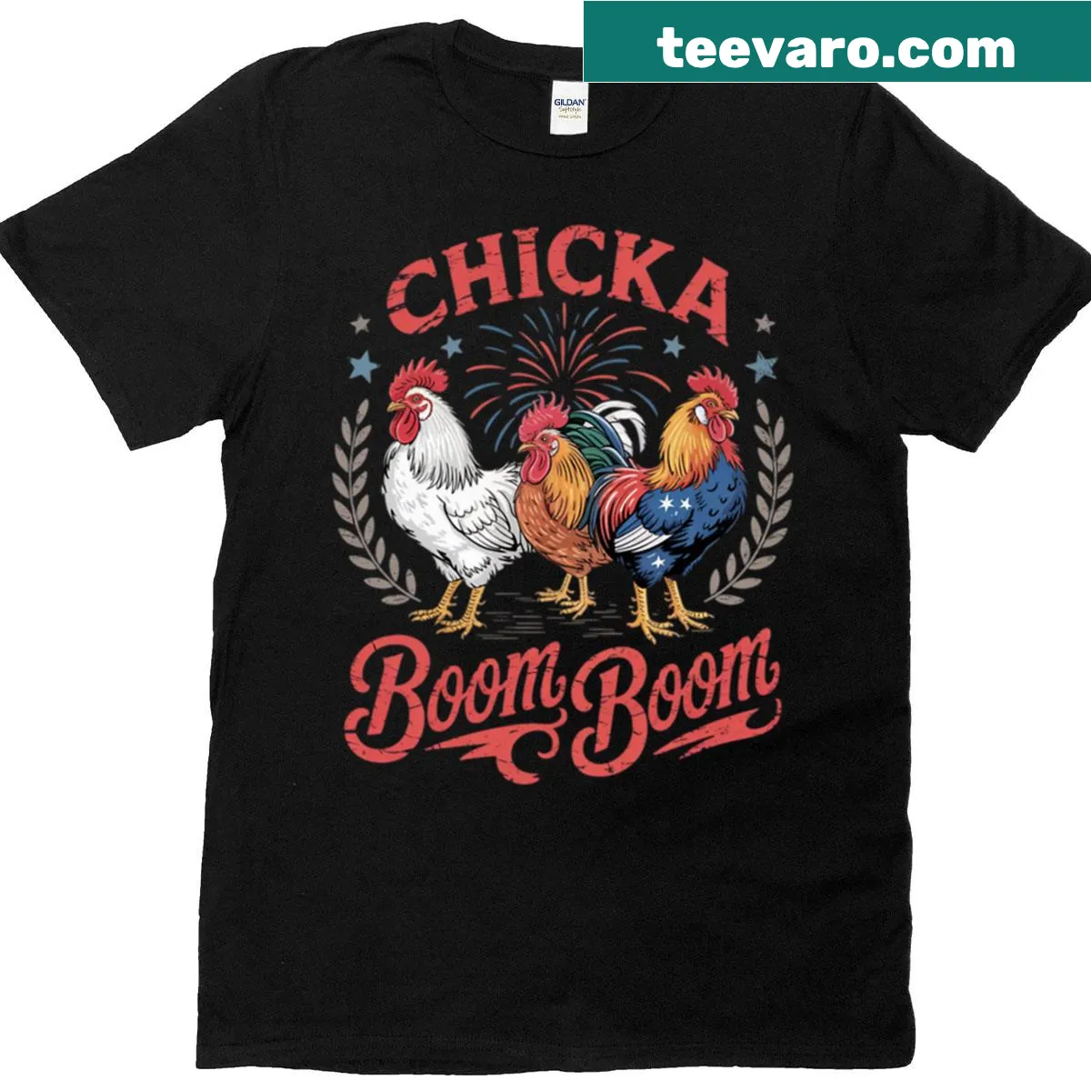 Funny cartoon chicken graphic with patriotic text for 4th of July — on a men's t-shirt