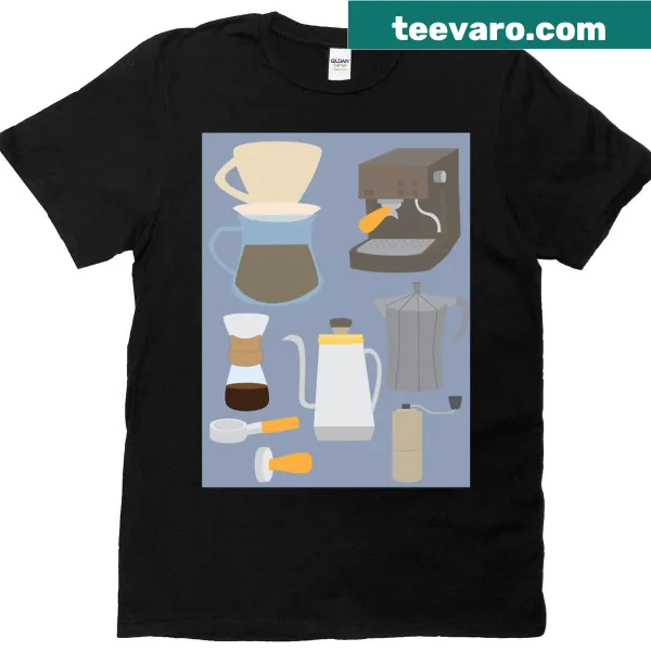T-shirt featuring coffee-making tools in a playful graphic design