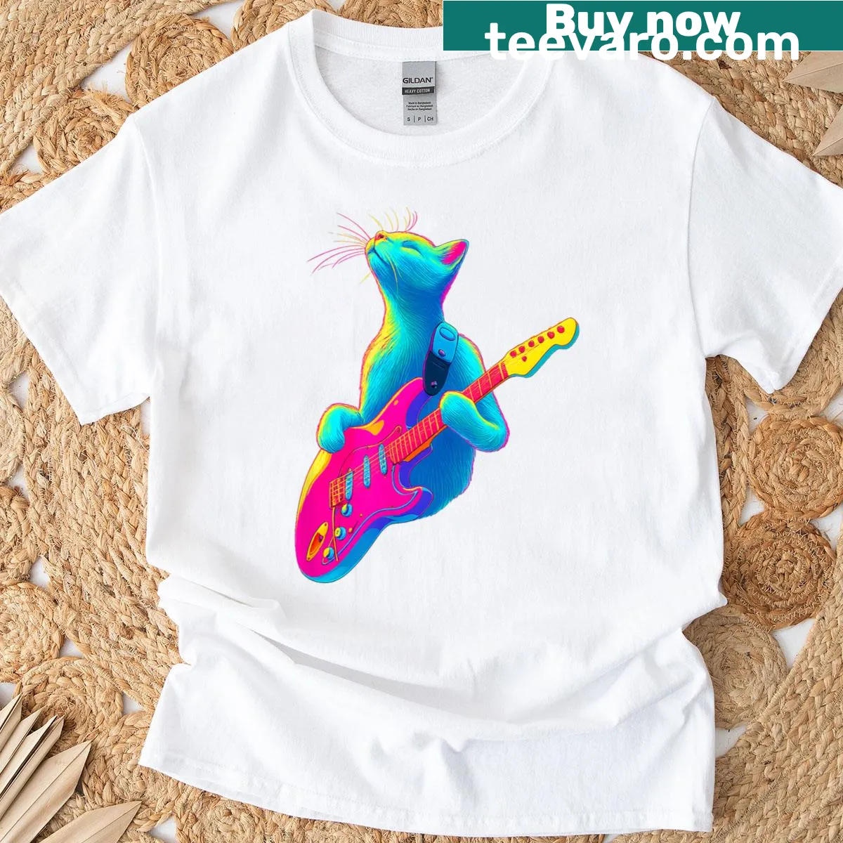 Illustrated T-shirt of a cat playing guitar with whimsical design. — on a men's t-shirt