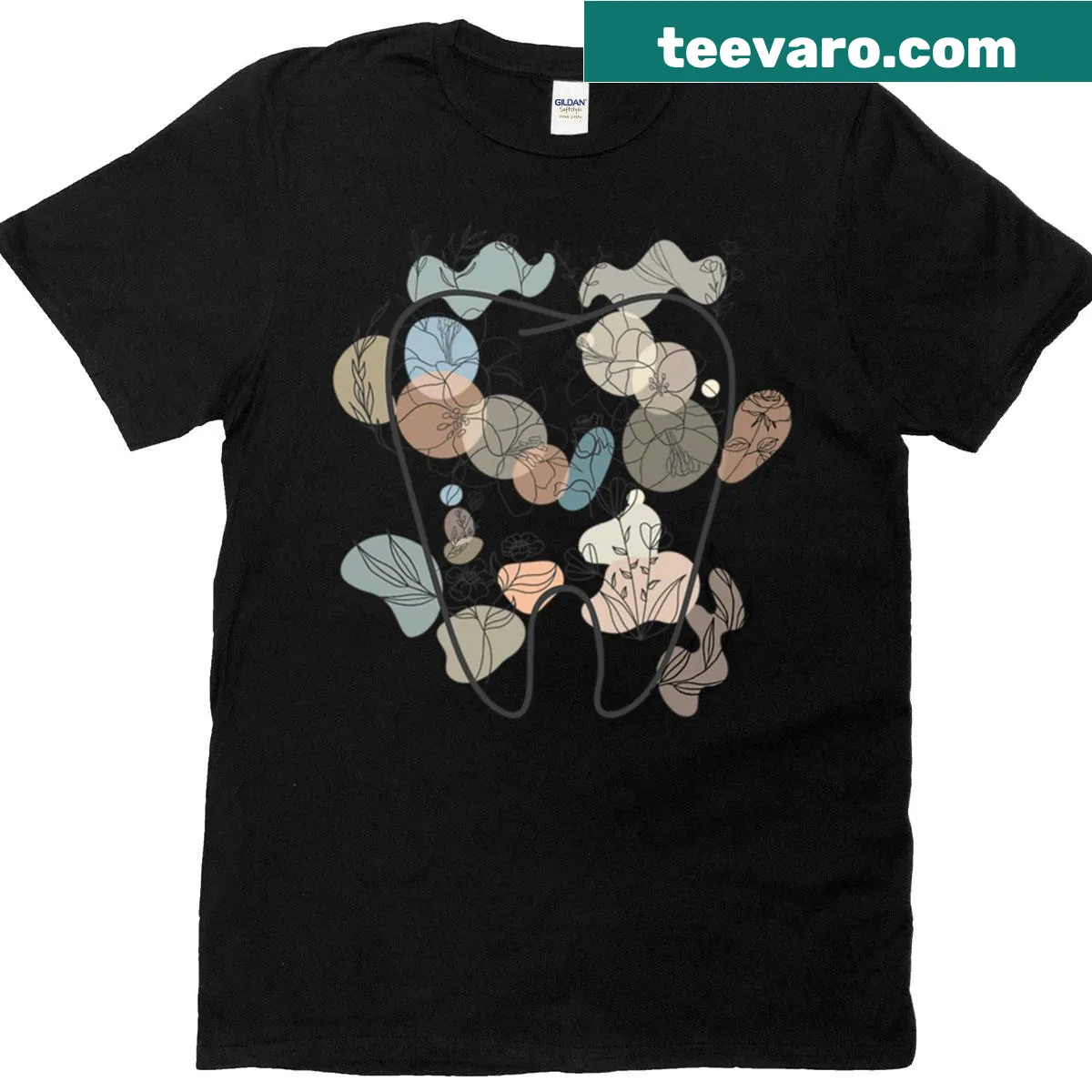 Minimalist floral tooth line art on a t-shirt — on a men's t-shirt