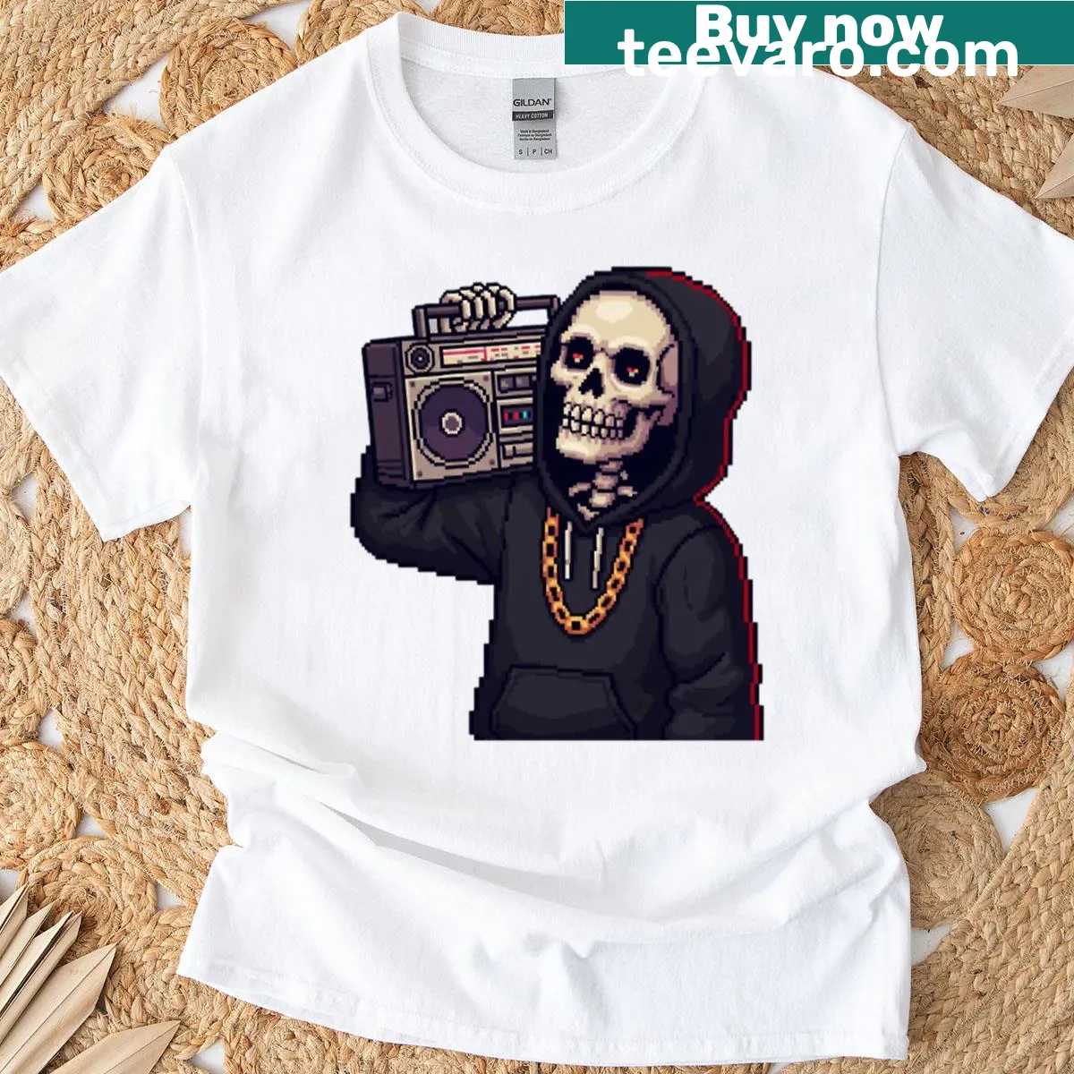 Hip-hop themed T-shirt featuring a cool skeleton in trendy attire — on a men's t-shirt