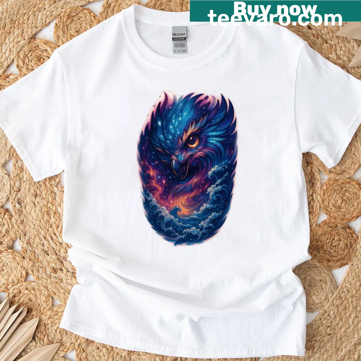 Fantasy T-shirt featuring an owl's head with a cosmic galaxy design — on a men's t-shirt