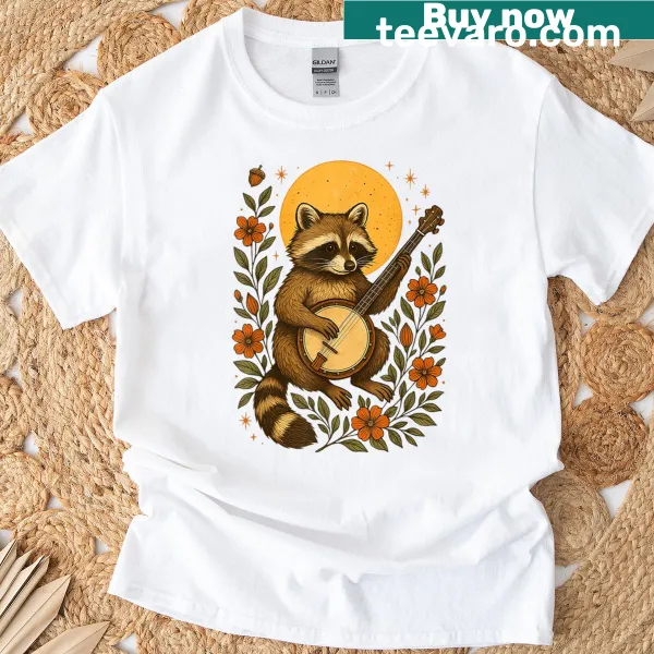Vintage-style T-shirt with a raccoon playing banjo under the moon
