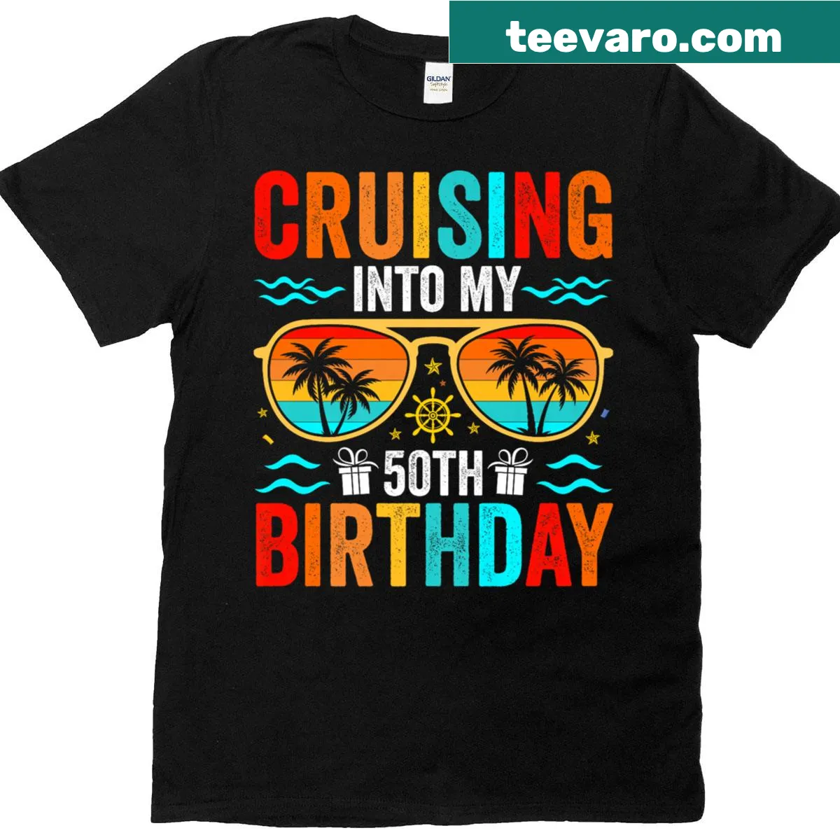 T-shirt featuring a cruise ship design with birthday text for turning 50 — on a men's t-shirt