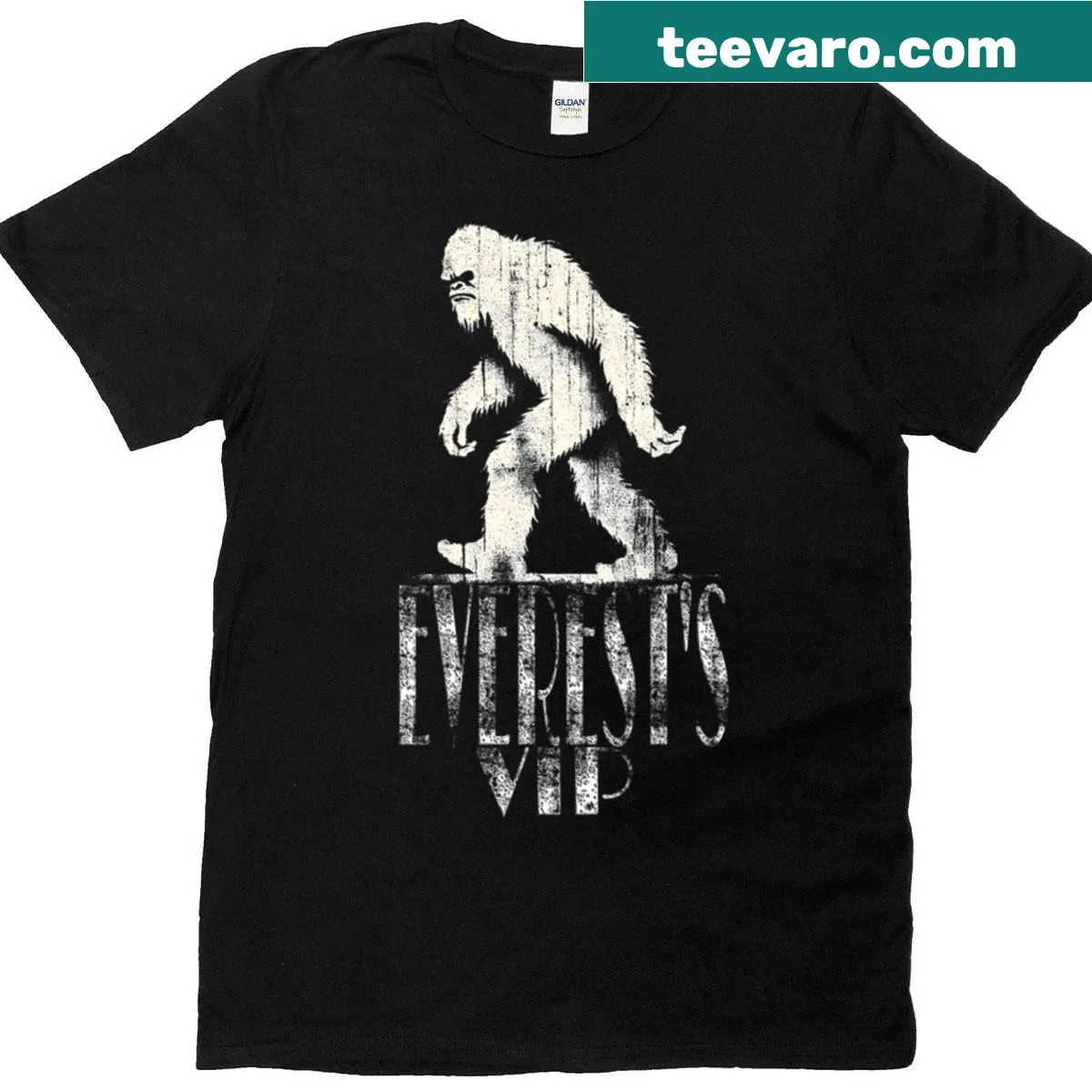Playful cartoon Yeti design on a T-shirt with Everest background — on a men's t-shirt