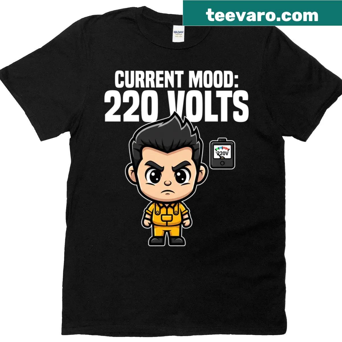 Funny electrician t-shirt with voltage graphic — on a men's t-shirt