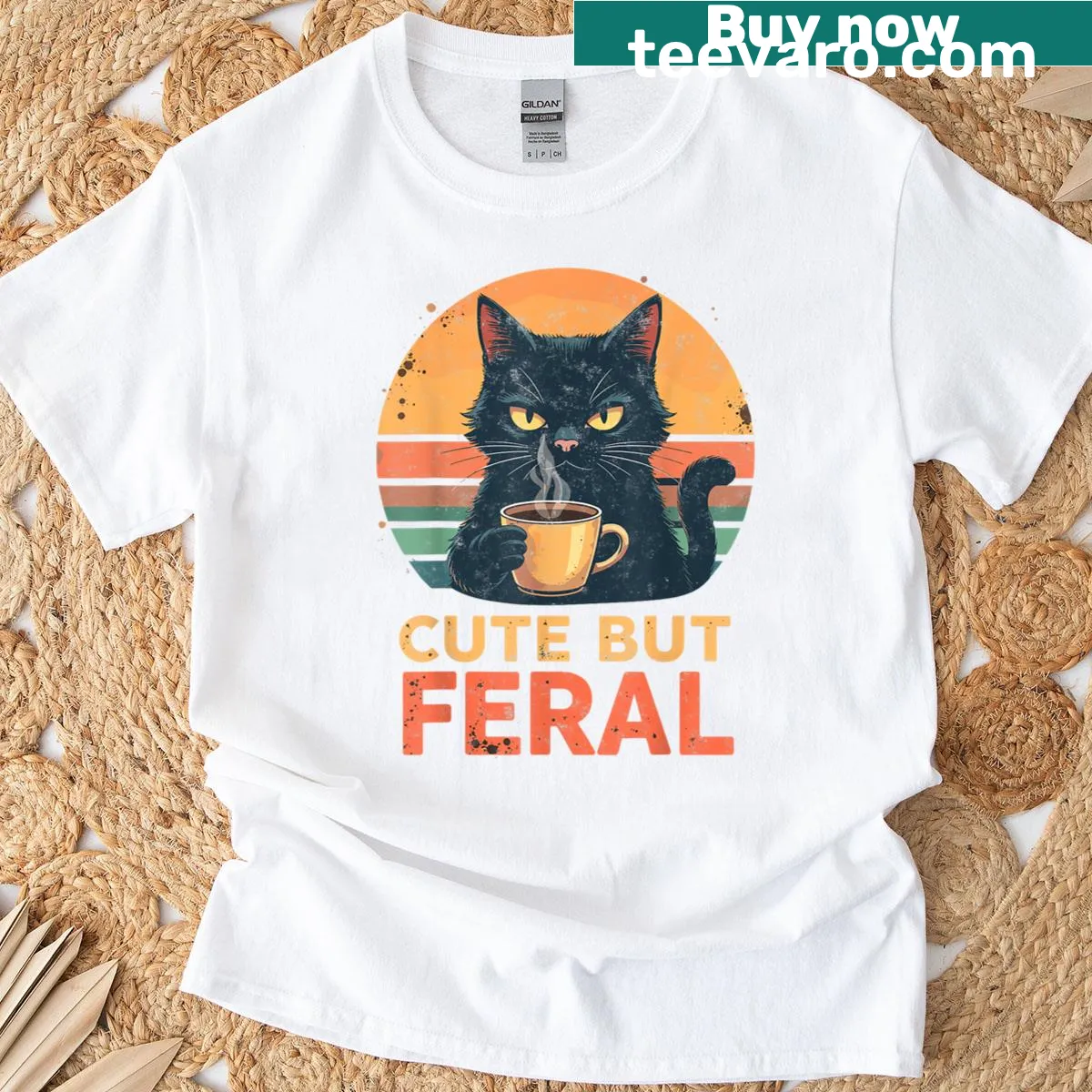 Sarcastic humor t-shirt featuring a cute feral cat drinking coffee. — on a men's t-shirt