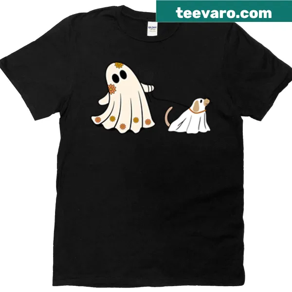 Cute ghost dog graphic on a Halloween-themed T-shirt.
