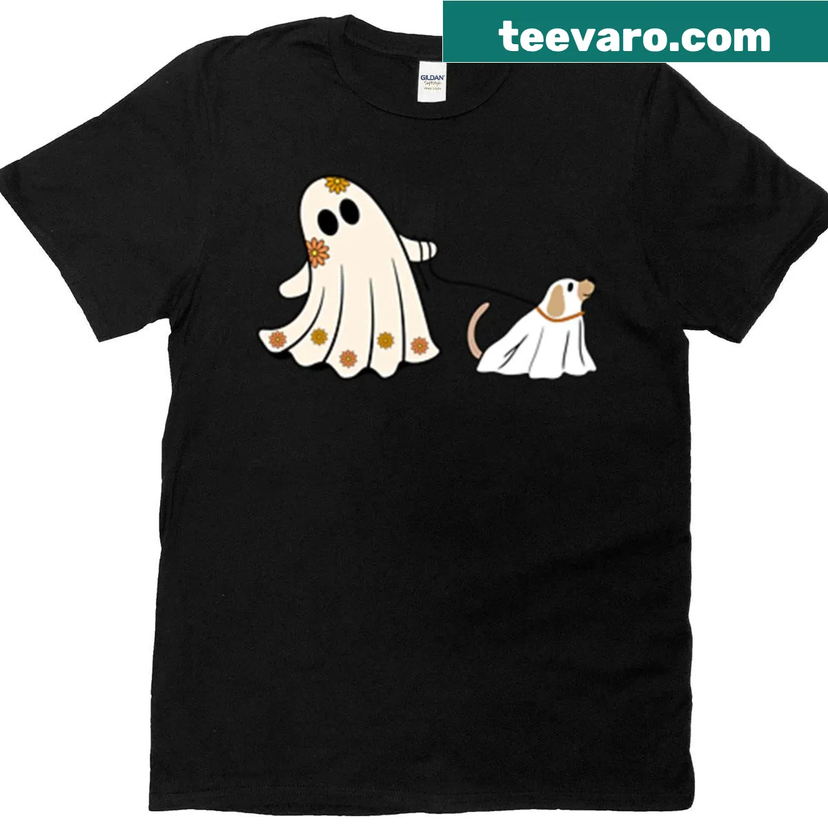 Cute ghost dog graphic on a Halloween-themed T-shirt. — on a men's t-shirt