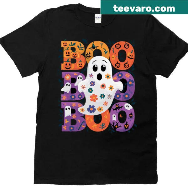 Cute ghost with floral design and 'Boo!' text on Halloween T-shirt