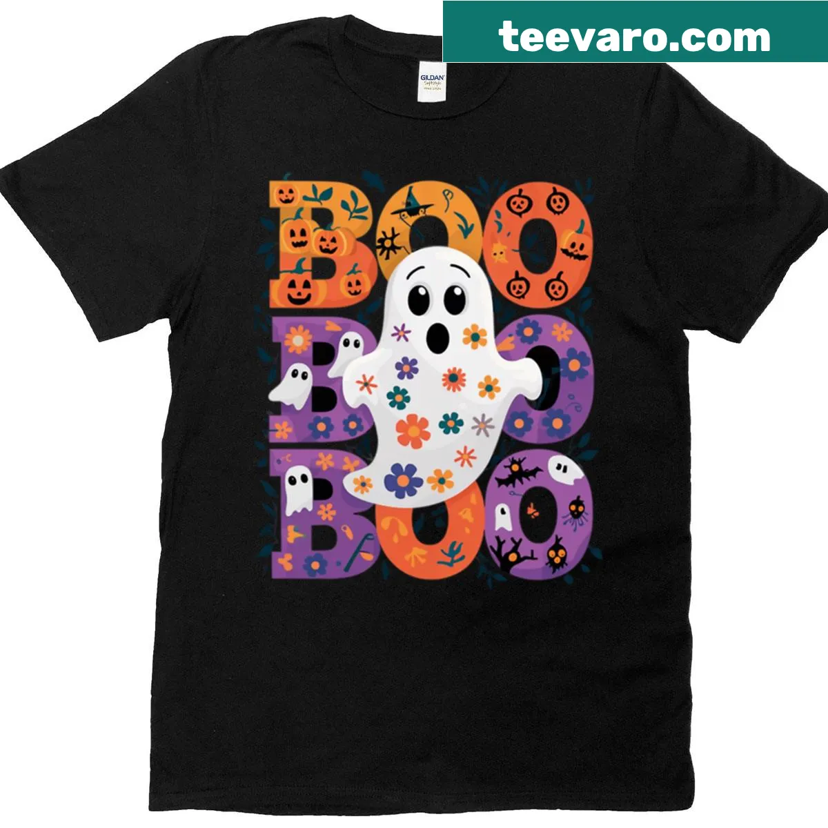 Cute ghost with floral design and 'Boo!' text on Halloween T-shirt — on a men's t-shirt