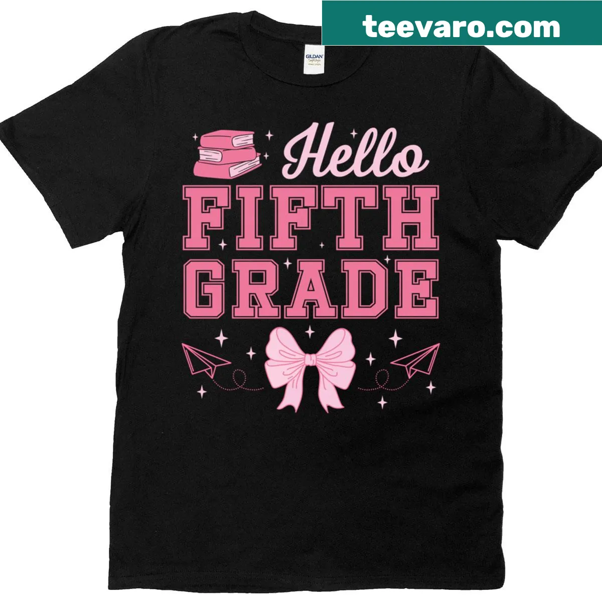 Hand-lettered 'Hello Fifth Grade Teacher' with a pink bow graphic on T-shirt. — on a men's t-shirt