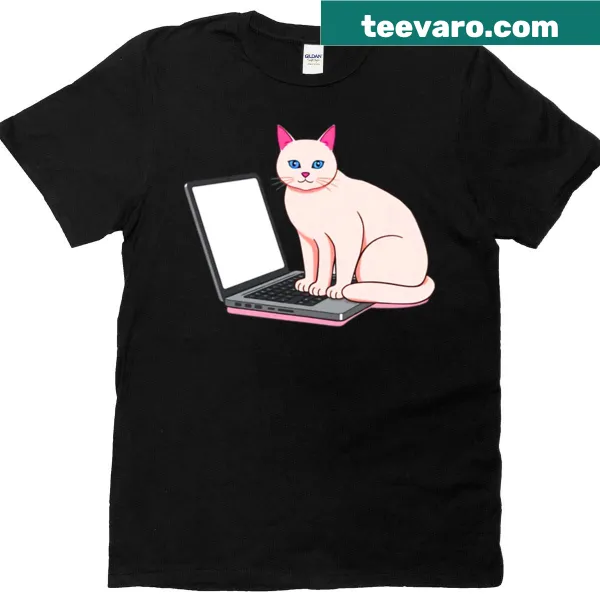 Adorable kitten sitting on a laptop design t-shirt