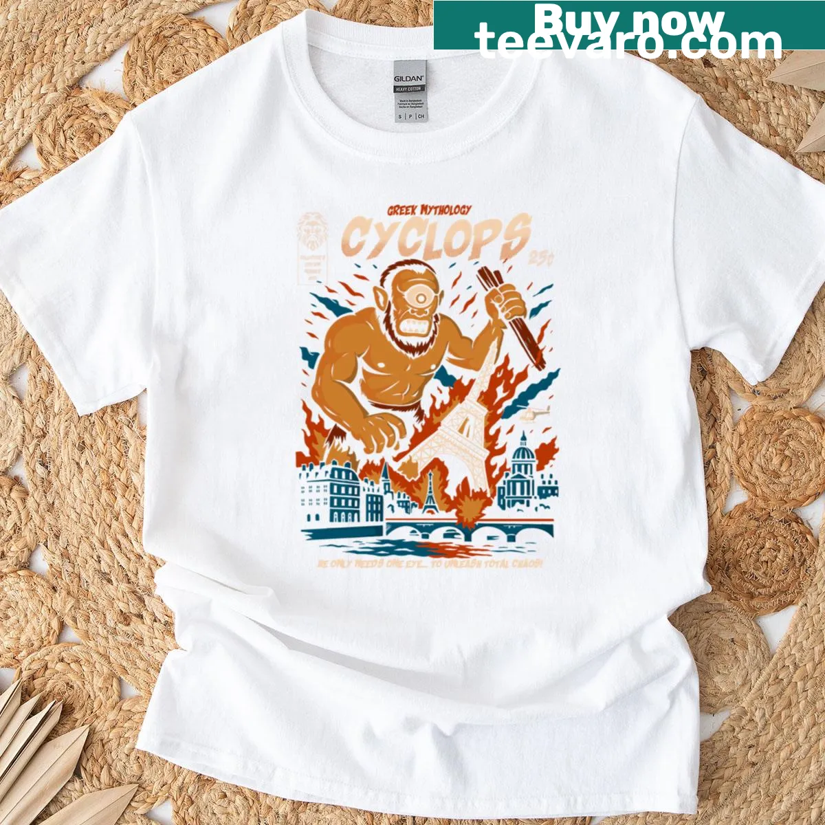 T-shirt featuring a bold illustration of a Cyclops from mythology. — on a men's t-shirt