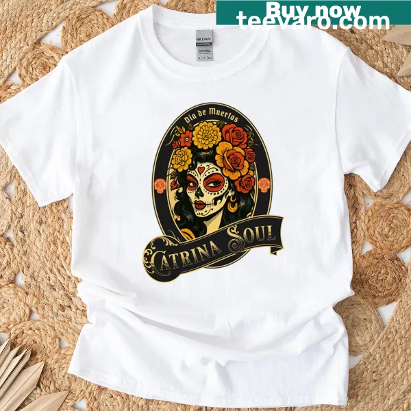 Day of the Dead Catrina T-shirt featuring floral designs