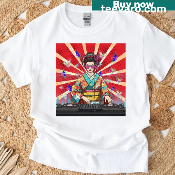 Pop art T-shirt featuring a colorful Geisha design