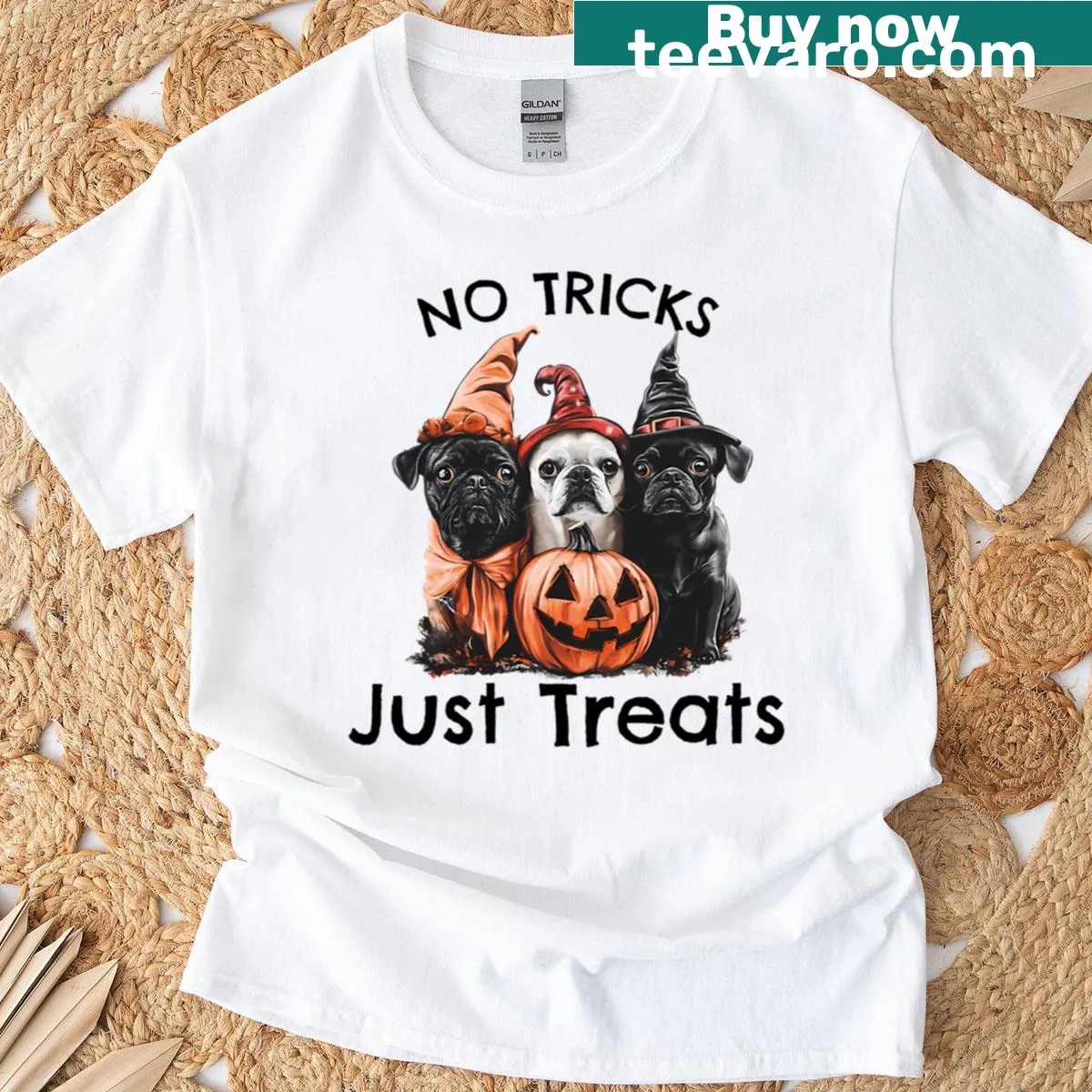 Cute Halloween T-shirt with the phrase 'Dogs No Tricks Just Treats' — on a men's t-shirt