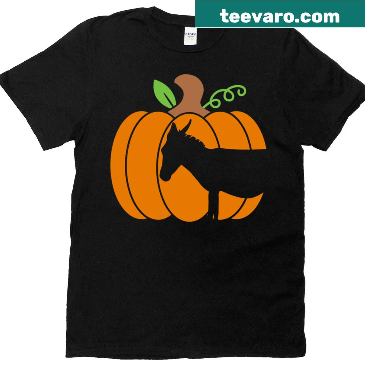 T-shirt featuring a donkey dressed as a pumpkin for Halloween — on a men's t-shirt
