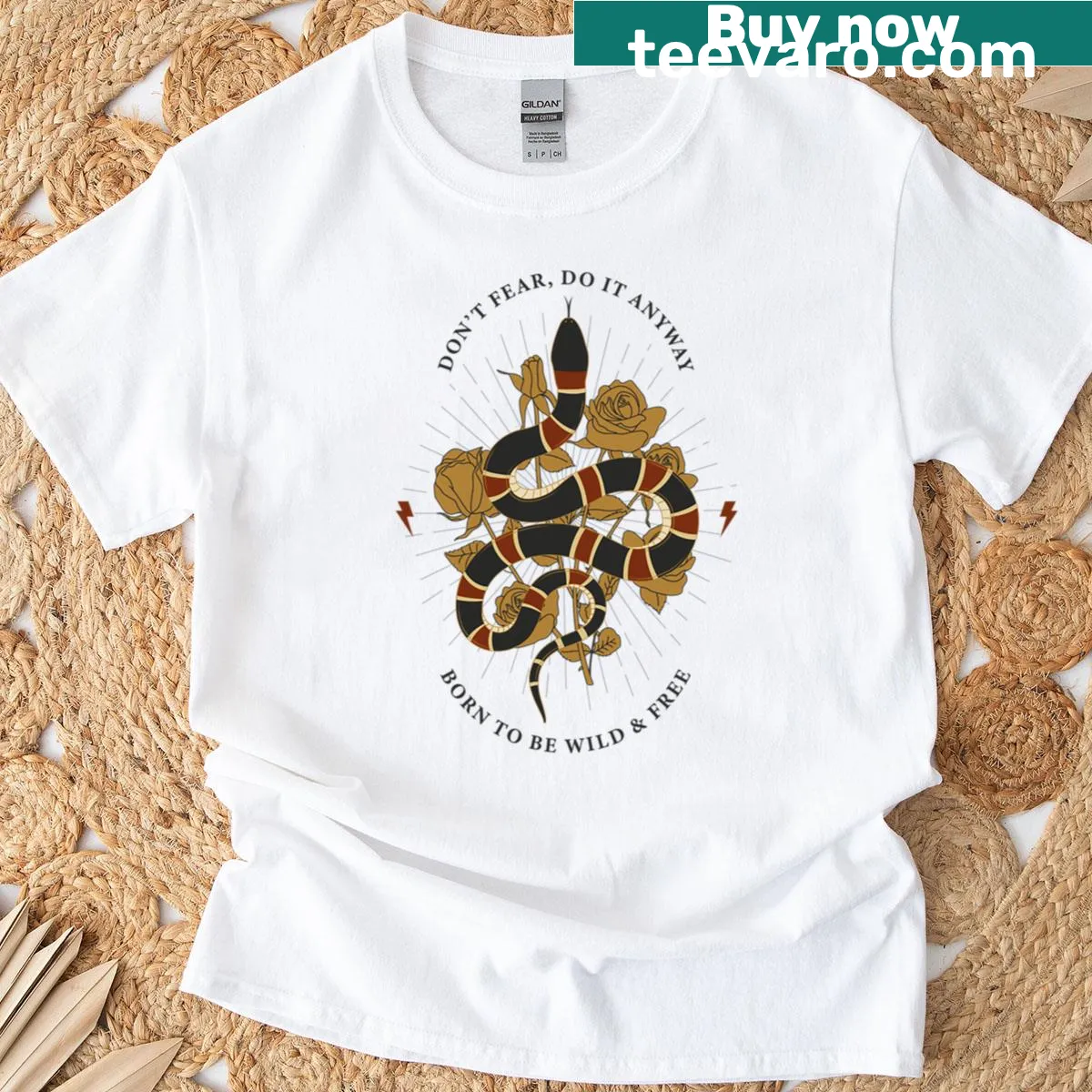 Artistic design featuring a snake and rose with the phrase 'Dont Fear Do It Anyway' — on a men's t-shirt