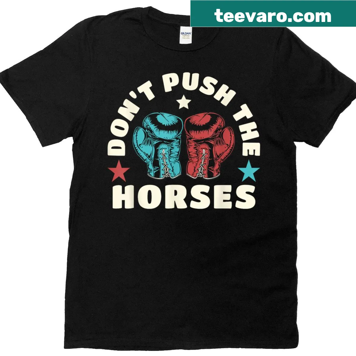 Sarcastic T-shirt with 'Don't Push The Horses' text — on a men's t-shirt