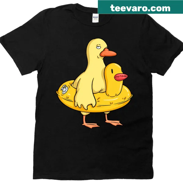 Two cartoon ducks with playful expressions on a T-shirt
