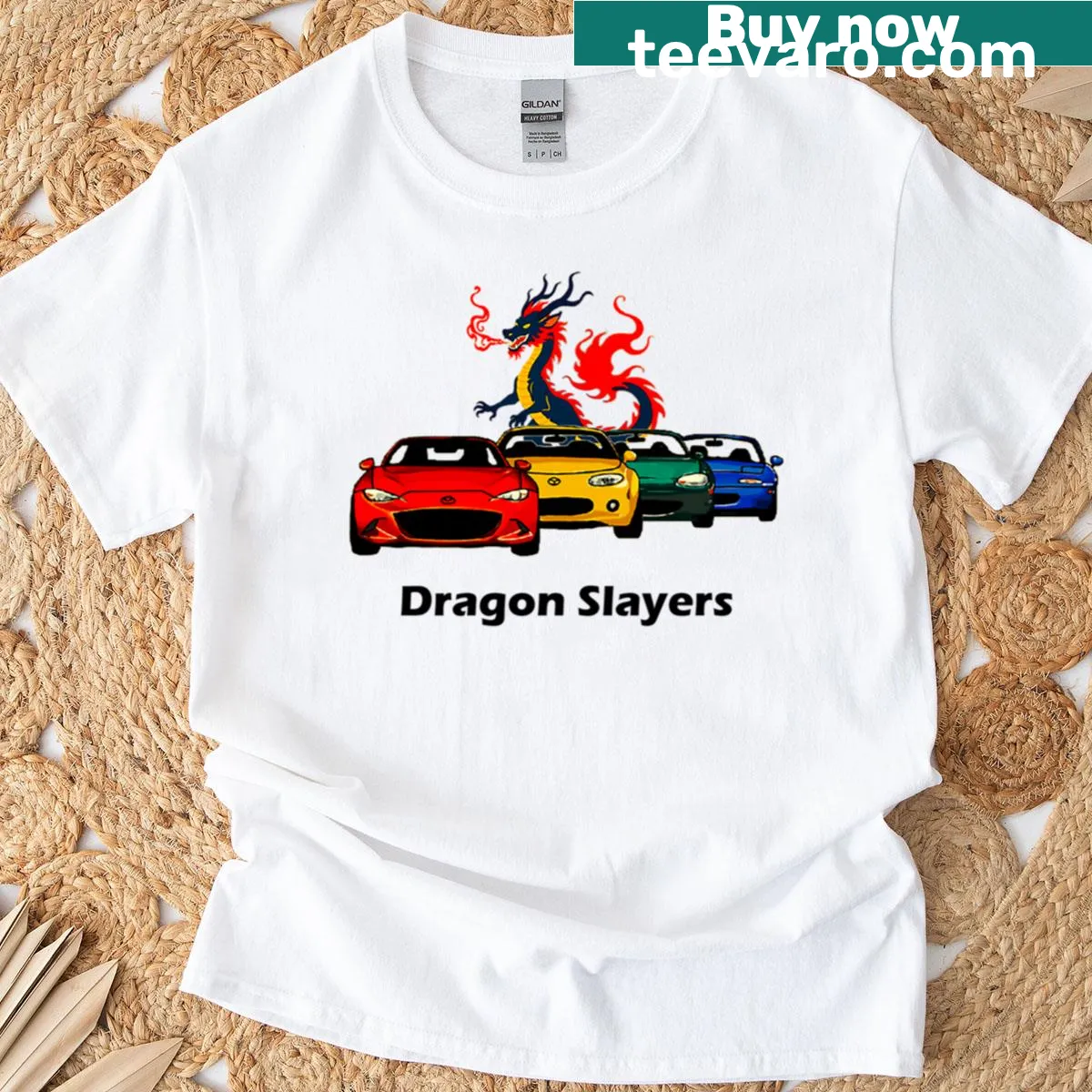 T-shirt with a bold graphic celebrating dragon slayers — on a men's t-shirt