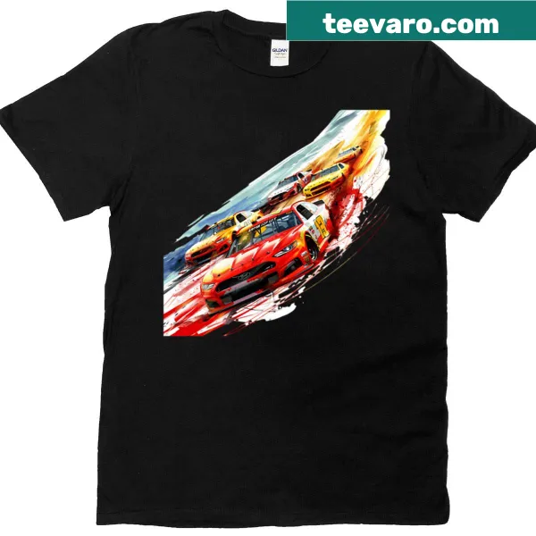Dynamic race car design in action on a T-shirt