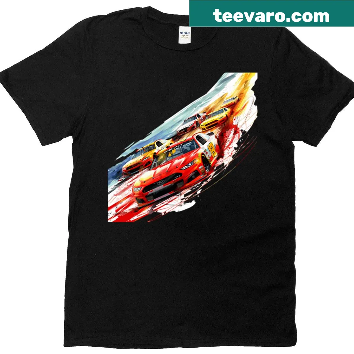 Dynamic race car design in action on a T-shirt — on a men's t-shirt