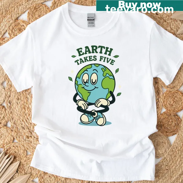 Cartoon t-shirt featuring a relaxed planet promoting environmental awareness