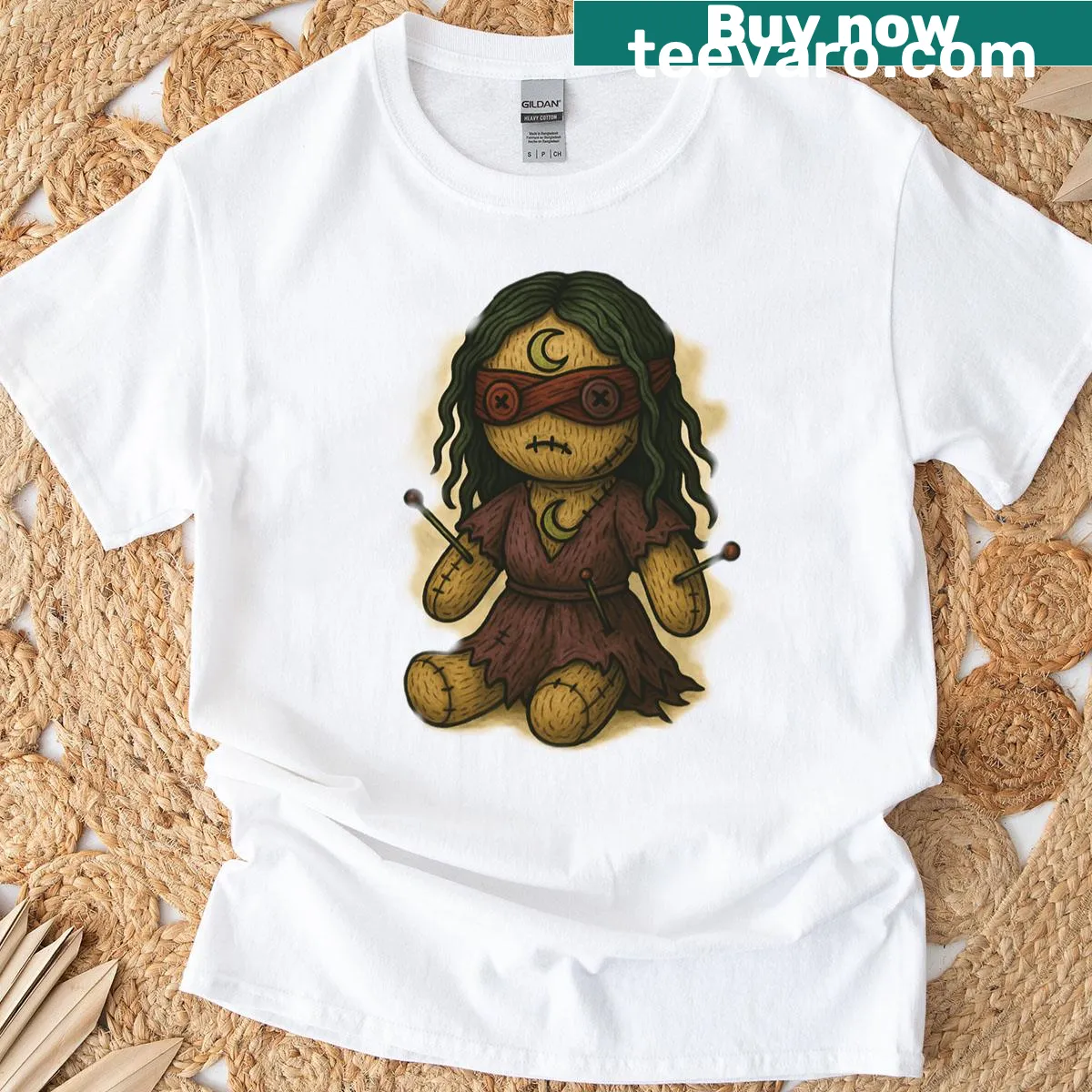 Intricate voodoo graphic T-shirt with an eclipsed soul theme — on a men's t-shirt