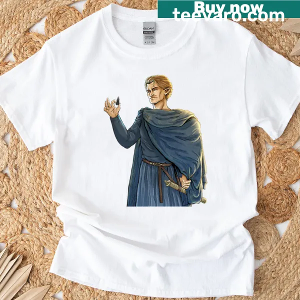 Illustration t-shirt featuring Elrond holding mithril from Rings of Power