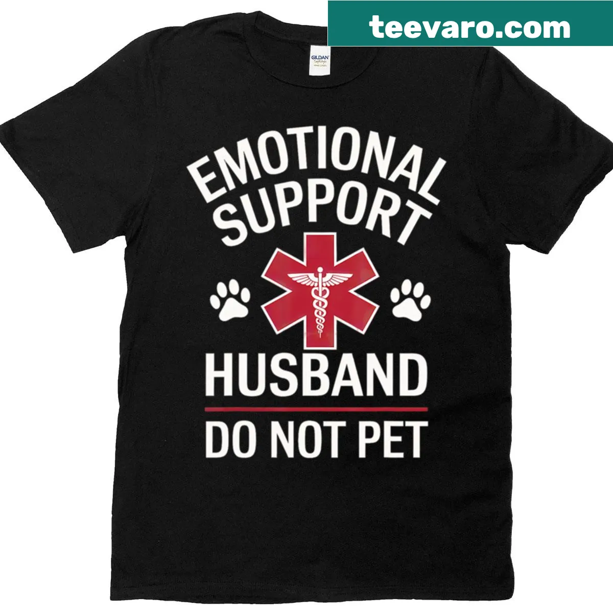 Funny T-shirt with 'Emotional Support Husband Do Not Pet' phrase — on a men's t-shirt