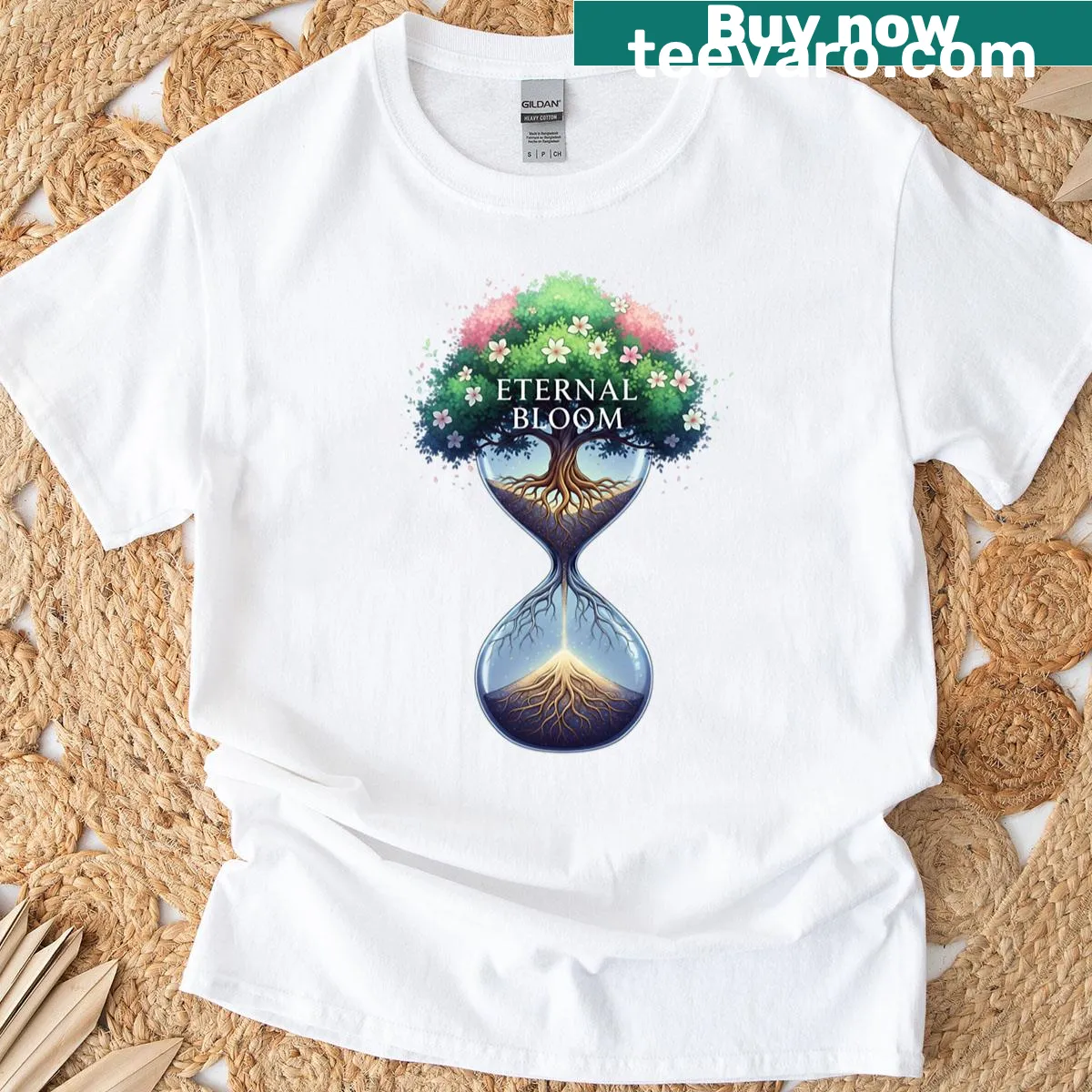 Artistic hourglass with Tree of Life design on a t-shirt. — on a men's t-shirt