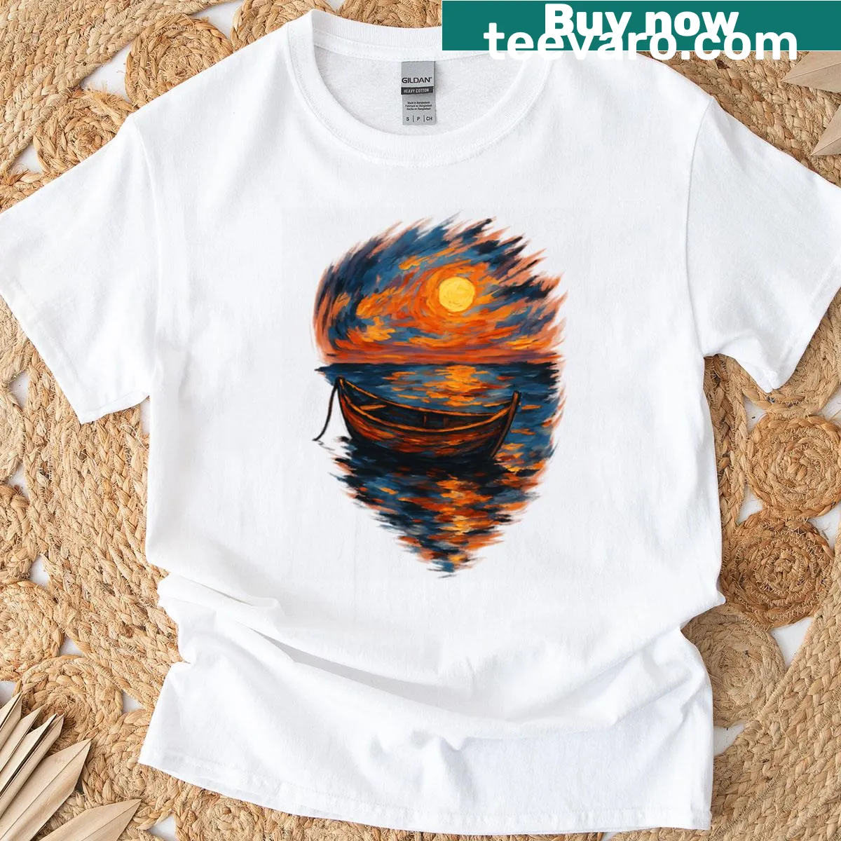 Artistic boat at sunset design on a t-shirt — on a men's t-shirt