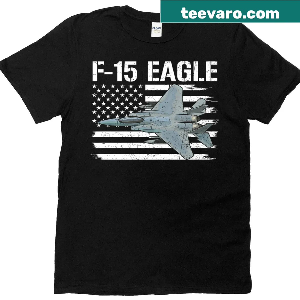 T-shirt featuring F-15 Eagle and American flag design — on a men's t-shirt
