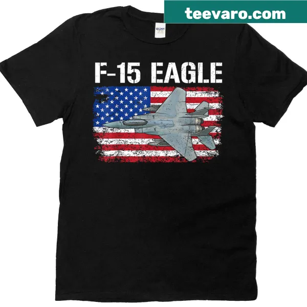 F-15 Eagle fighter jet t-shirt with American flag design