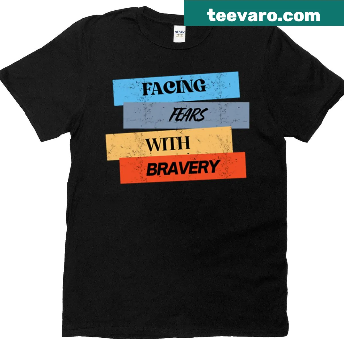 Bold typography shirt with the phrase 'Facing Fears With Bravery' on dark background. — on a men's t-shirt