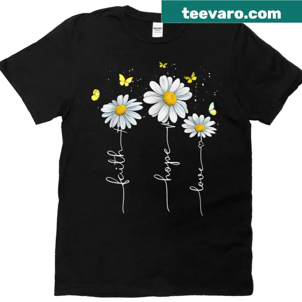 Illustrated shirt featuring a cross, flowers, and the words Faith, Hope, Love.