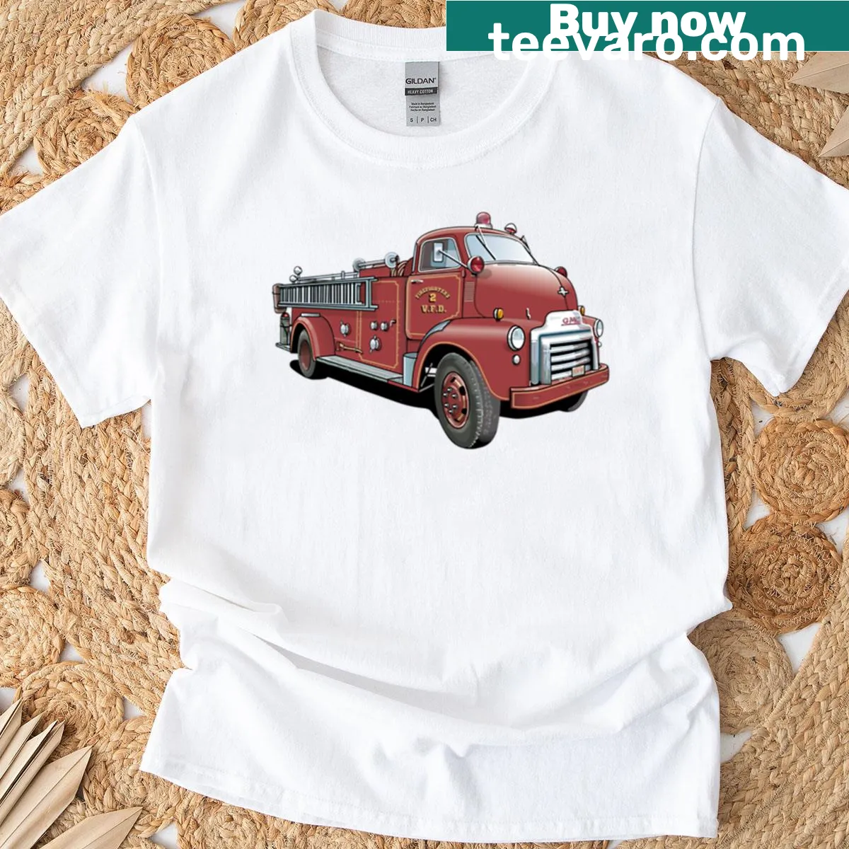 Vintage fire department car T-shirt with retro illustration — on a men's t-shirt