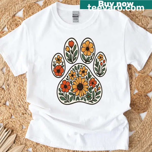 Floral paw print design on a boho-style dog lover t-shirt