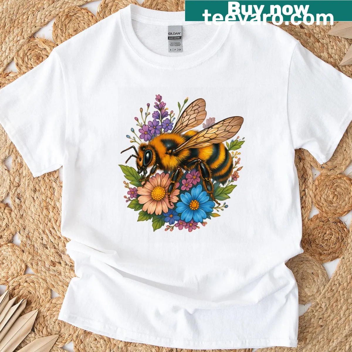 Detailed bumblebee and flower illustration T-shirt — on a men's t-shirt