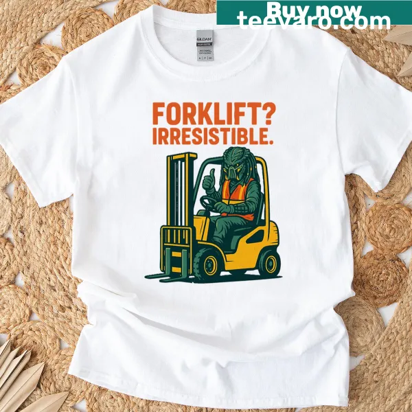 Vintage-style forklift operator shirt with cartoon monster graphic